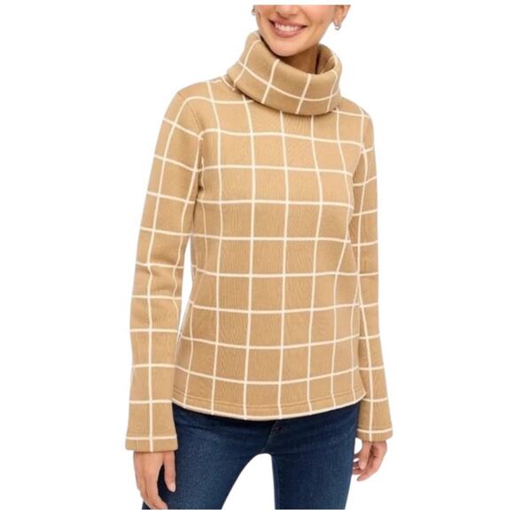 J. Crew Windowpane Funnel Neck Sweater Large Tan Camel Fleece Lined Turtleneck - Picture 1 of 10